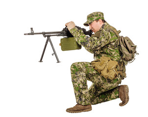 military, profession, people and war concept - male soldier in c