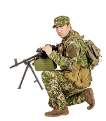 military, profession, people and war concept - male soldier in c