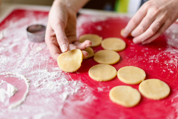 cooking and home concept - close up of female hands making cookies from fresh dough at home - very shallow depth of field