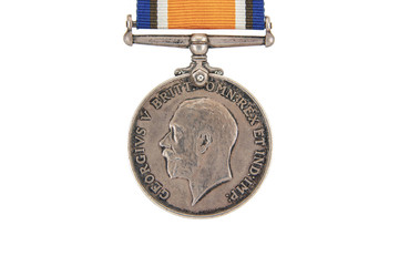 The British War Medal, 1914-18 with ribbon, silver vintage military medal (Squeak), obverse, world war one, isolated on white background