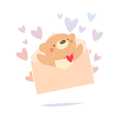 Valentine card Teddy bear inside the love letter