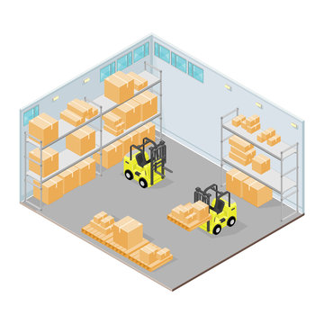 Vector illustration Isometric warehouse Interior. Industrial building - with forklift and storage boxes. 
