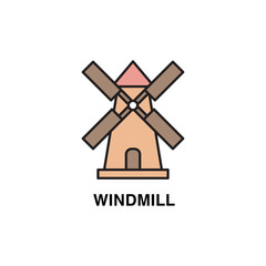 Line art flat design of color windmill. Wheat factory logo concept.