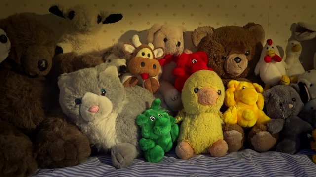 Bed full of stuffed animals.
Sitting in a row, some of them well used and loved. Closeup.
Camera movement. Warmly lit.
