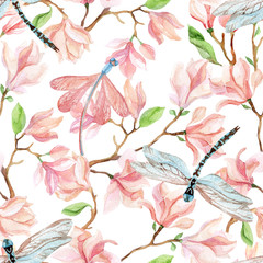 Naklejki  watercolor magnolia branches and dragonfly