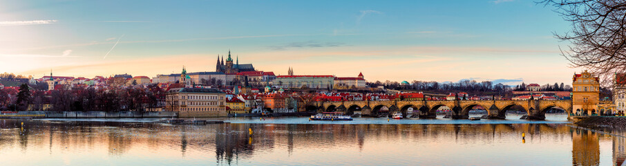 Panoramic view of Prague castle (Czech: Prazsky hrad) and Charles Bridge (Czech: Karluv Most), Prague, Czech Republic