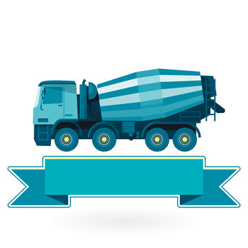 Blue concrete mixer. Nice isolated vector symbol. Flatten illustration for banner or icon. Master vector. Truck, Digger, Crane, Forklift, Small Bagger, Mix, Roller, Excavator