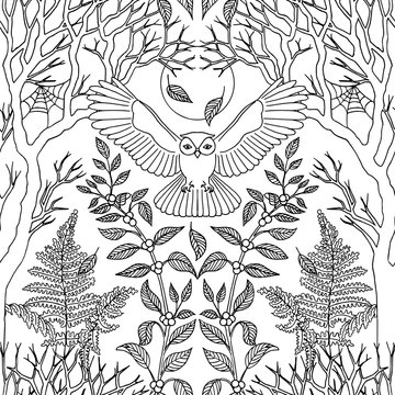 Hand drawn seamless pattern with flying owl in forest, black and white