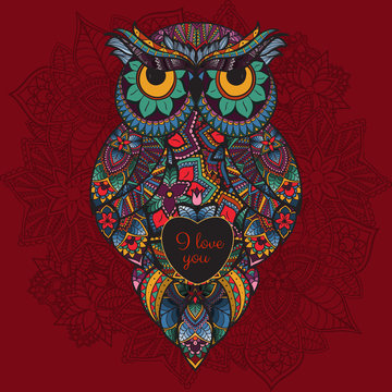 Vector illustration of ornamental owl. Bird illustrated in tribal. Boho owl with love. Heart for Valentine day