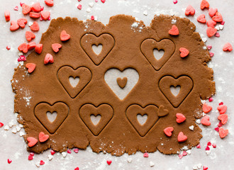 Baking homemade cookies heart on Valentine's Day, view from above