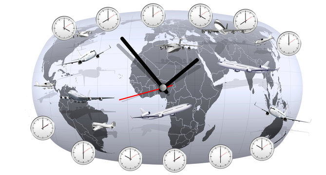 Zeitzonen mit Globus und Fluglinien, freigestellt