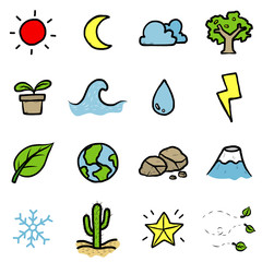 nature objects or icons set/ cartoon vector and illustration, hand drawn style, isolated on white background.