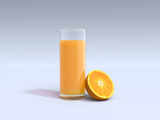 Glass of orange juice and half of orange isolated on white bacground. 3D illustration