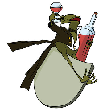 Stock illustration. Frog in a tuxedo, with a glass and bottle