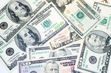 Fototapeta premium Macro shot of a 1, 2, 5, 10, 20, 50, 100 dollars