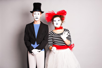 Two mimes man and  woman in april fools day