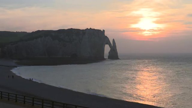 View of Etretat Aval cliff at sunset