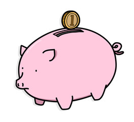 Piggy Bank, a hand drawn vector illustration of a piggy bank and a coin, illustrating a personal savings, banking, or investment concepts, isolated on a shadow backdrop (editable).