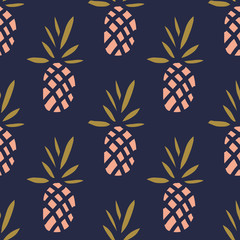 Pineapples on the dark background. Vector seamless pattern with tropical fruit.