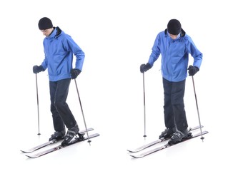 Skiier demonstrate how to put on the skis. Step by step instruction.