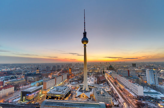 The famous Television Tower in Berlin at sunset