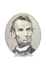 Portrait of Abraham Lincoln from the five dollar bill, isolated on white