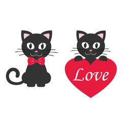 cat black with heart and cat sitting set