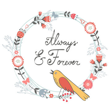 Always and forver card with cute bird and floral wreath