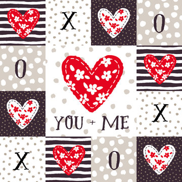 Valentines day big heart with message You plus me. Square patchwork background with hearts. Vector seamless pattern in the rustic style. Beige, brown, red and white colors.