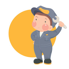 Vector Illustration of Service Mechanic Man with Wrench in Gray Work wear on Yellow Circle Background, Cartoon Character