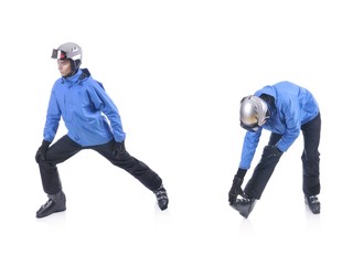 Skiier demonstrate warm up exercise for skiing. Dinamic stretch.