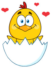 Happy Yellow Chick Cartoon Character Hatching From An Egg With Hearts