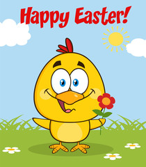 Cute Yellow Chick Character Holding A Flower and Happy Easter Greeting