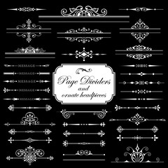 Page dividers and ornate headpieces isolated on black background