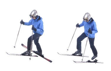 Skiier demonstrate how to put on skis uphill.