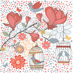 Elegant card with flowers bids and cages