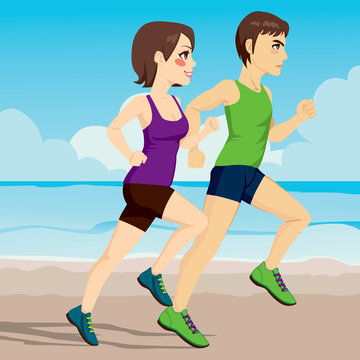 Side view illustration of young couple running together on the beach