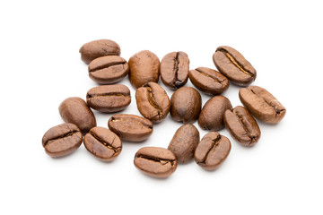Coffee beans isolated on white background, closeup, macro