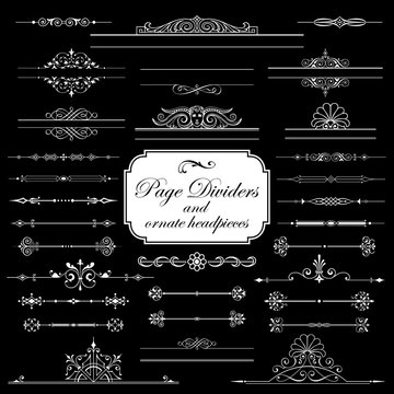 Page dividers and ornate headpieces isolated on black background - set 1