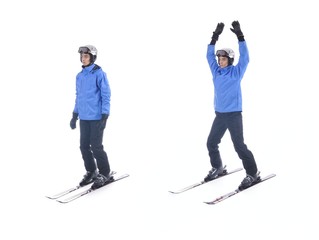 Skiier demonstrate warm up exercise for skiing. Jumping Jacks wi