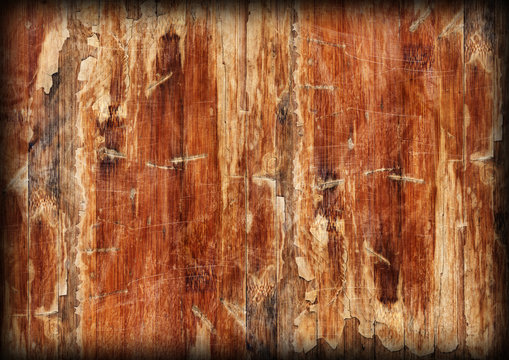 Old Weathered Wood Laminated Flooring Varnished Blockboard Panel, Cracked, Scratched, Peeled Off, Vignette Grunge Texture.