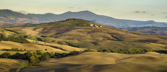 Panorama doliny i pól w Toskanii - obrazy, fototapety, plakaty