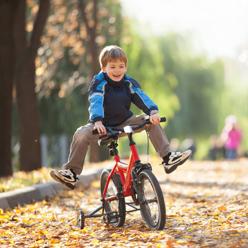 Happy boy with bicycle in the autumn park