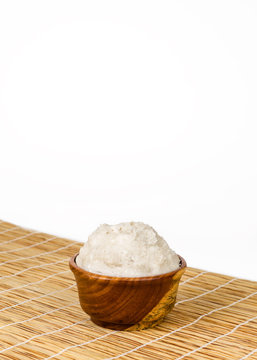 Shea Butter In The Wooden Bowl Stands On The Straw Mat, Clean Wh