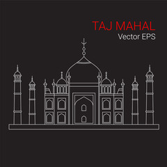 Taj Mahal, India. Vector line flat icon isolated on black background.