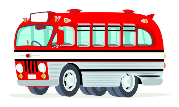 Caricatura autobus urbano antiguo rojo vista frontal y lateral