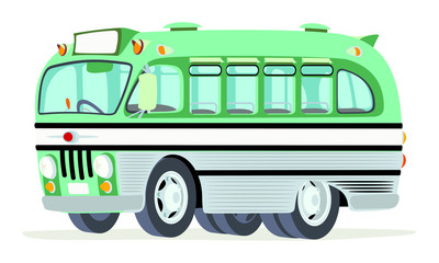 Caricatura autobus urbano antiguo verde vista frontal y lateral