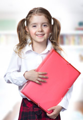 Child girl caucasian pupil hold folder school education.
