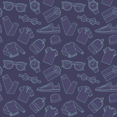 Seamless patterns of male clothes, shoes and accessories for online store in hipster style. Men's wear backgrounds for shops. Thin lines.  Vector stock clipart.