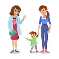 Woman with little girl visiting doctor, mother and daughter